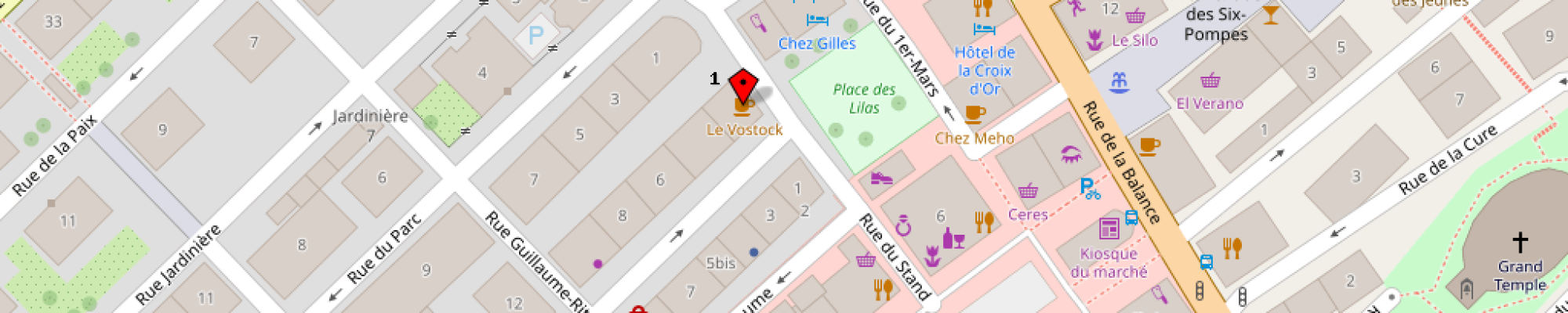 Cette carte indique le Vostok et les places de parc à proximité 
