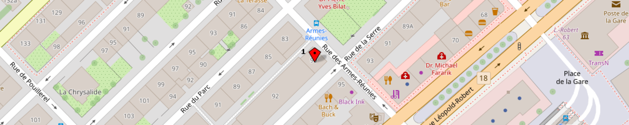 Cette carte indique le Vostok et les places de parc à proximité 